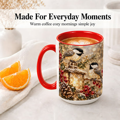 #pl[15oz|Red] Winter Chickadee Ceramic Mug, Lantern and Red Berry Artwork