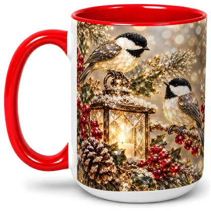 #pl[15oz|Red] Winter Chickadee Ceramic Mug, Lantern and Red Berry Artwork