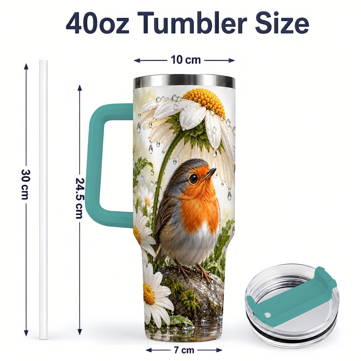 #pl[40oz|Green] Robin Daisy 40oz Tumbler, Rainy Garden Bird Artwork for Daily Use