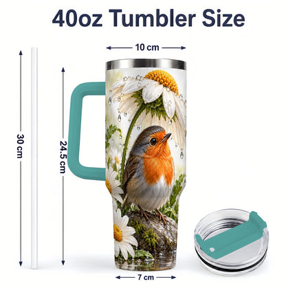 #pl[40oz|Green] Robin Daisy 40oz Tumbler, Rainy Garden Bird Artwork for Daily Use
