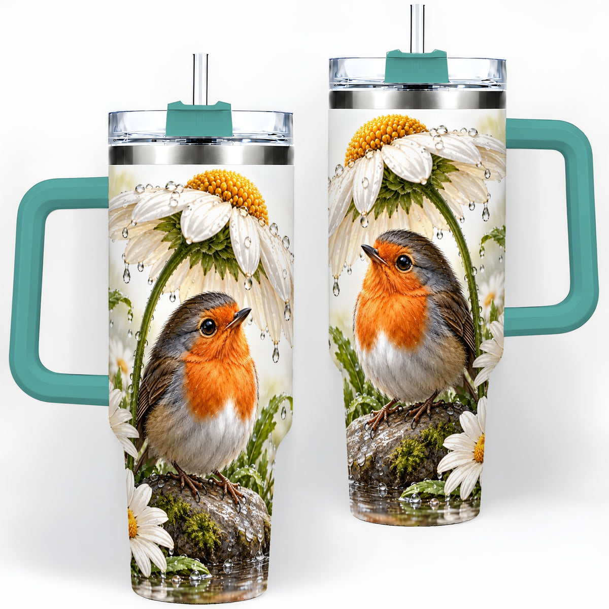 #pl[40oz|Green] Robin Daisy 40oz Tumbler, Rainy Garden Bird Artwork for Daily Use