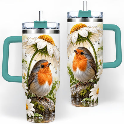 #pl[40oz|Green] Robin Daisy 40oz Tumbler, Rainy Garden Bird Artwork for Daily Use