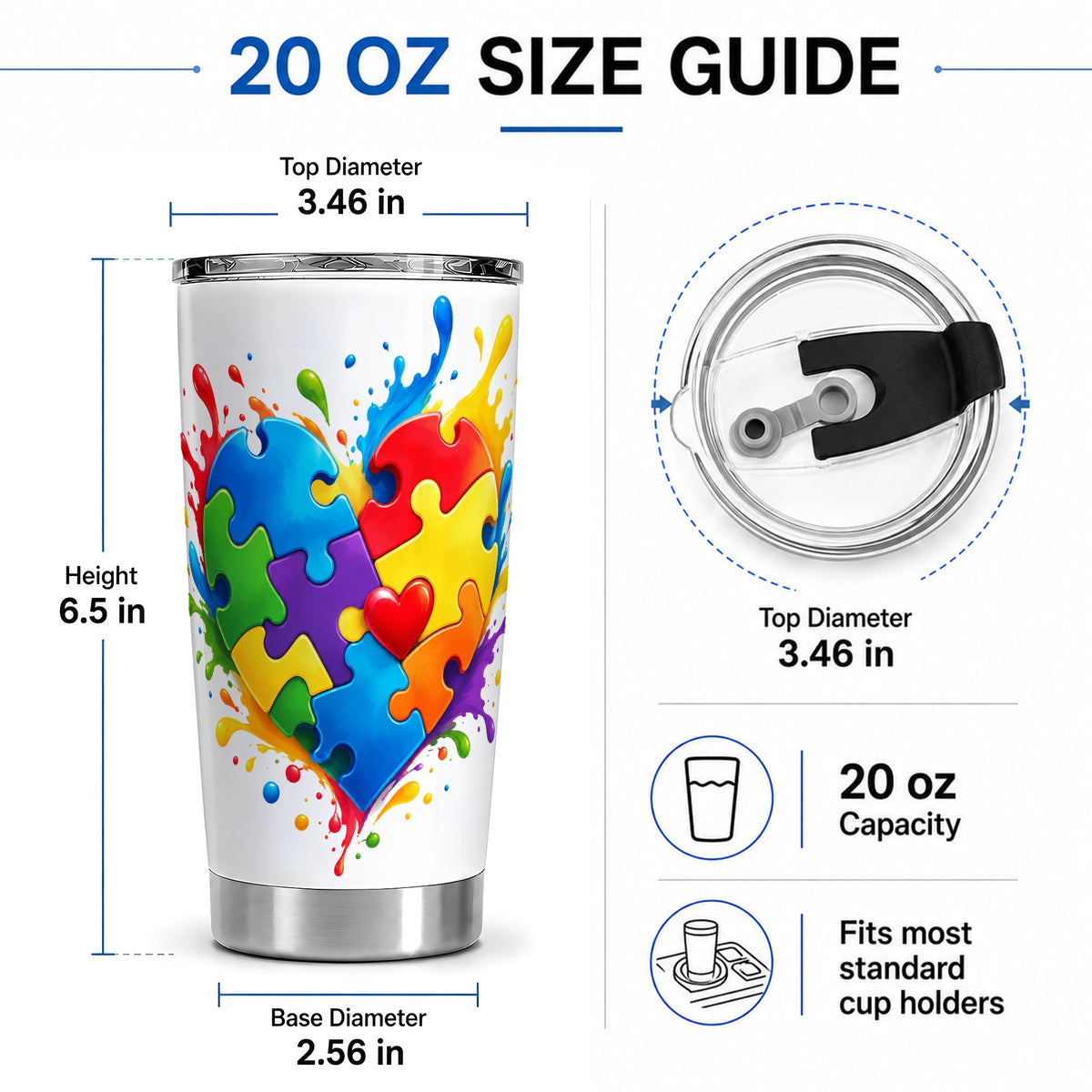 #pl[20oz|Steel] Autism Awareness Puzzle Heart 20oz Tumbler with Colorful Artwork