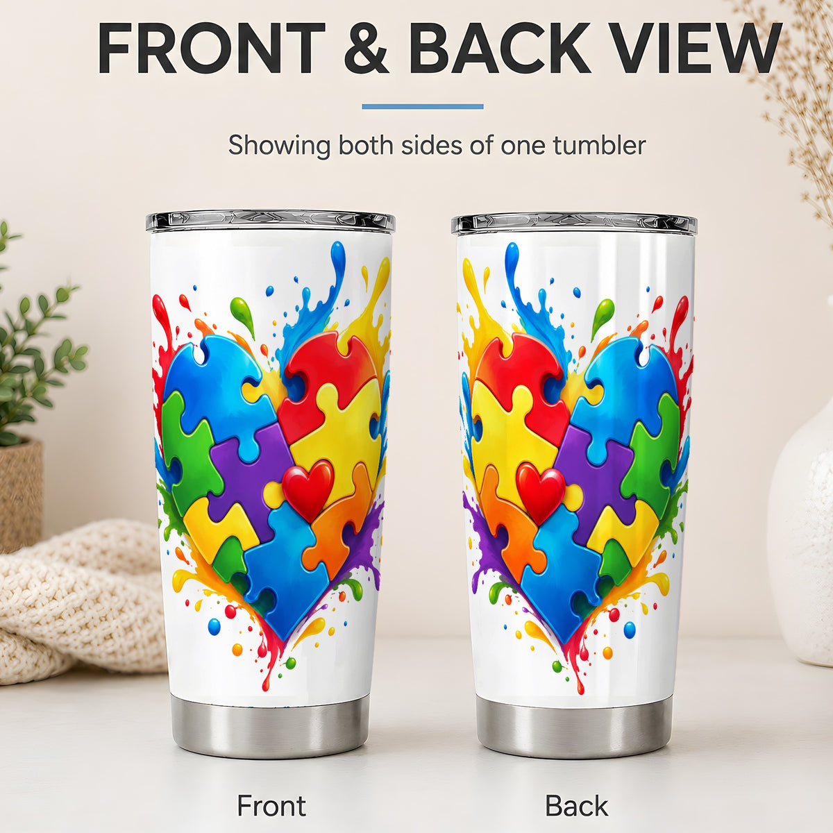 #pl[20oz|Steel] Autism Awareness Puzzle Heart 20oz Tumbler with Colorful Artwork