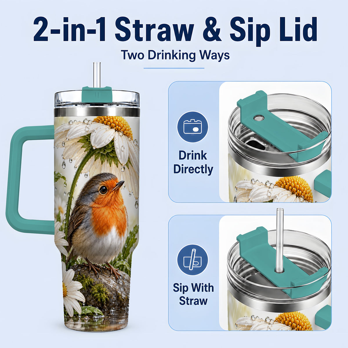 #pl[40oz|Green] Robin Daisy 40oz Tumbler, Rainy Garden Bird Artwork for Daily Use