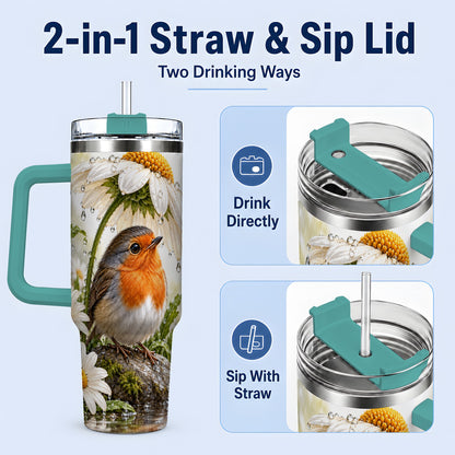 #pl[40oz|Green] Robin Daisy 40oz Tumbler, Rainy Garden Bird Artwork for Daily Use