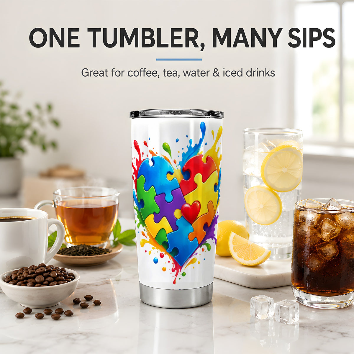 Autism Awareness Puzzle Heart 20oz Tumbler with Colorful Artwork