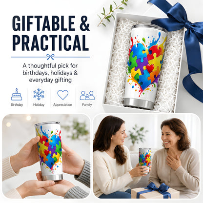 Autism Awareness Puzzle Heart 20oz Tumbler with Colorful Artwork