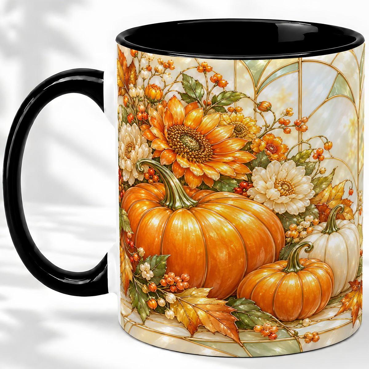 #pl[11oz|Black] Autumn Pumpkin Ceramic Mug, Sunflower and Fall Leaf Artwork