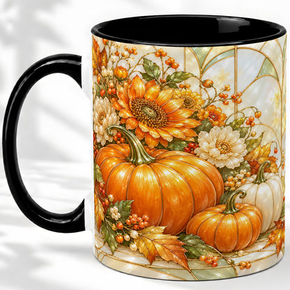 #pl[11oz|Black] Autumn Pumpkin Ceramic Mug, Sunflower and Fall Leaf Artwork