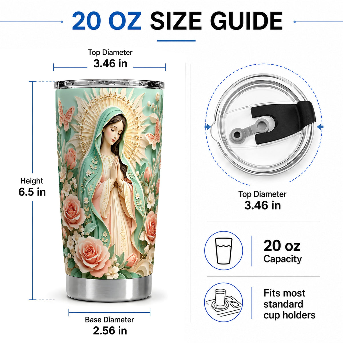 #pl[20oz|Steel] Virgin Mary Floral 20oz Tumbler with Roses and Butterfly Artwork