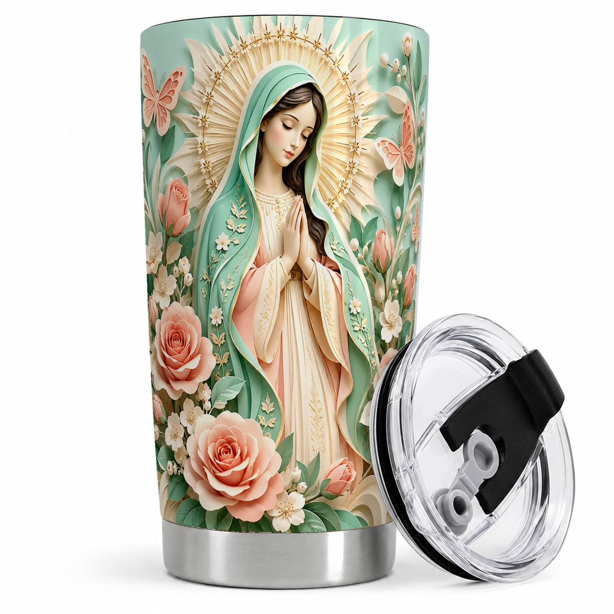 Virgin Mary Floral 20oz Tumbler with Roses and Butterfly Artwork