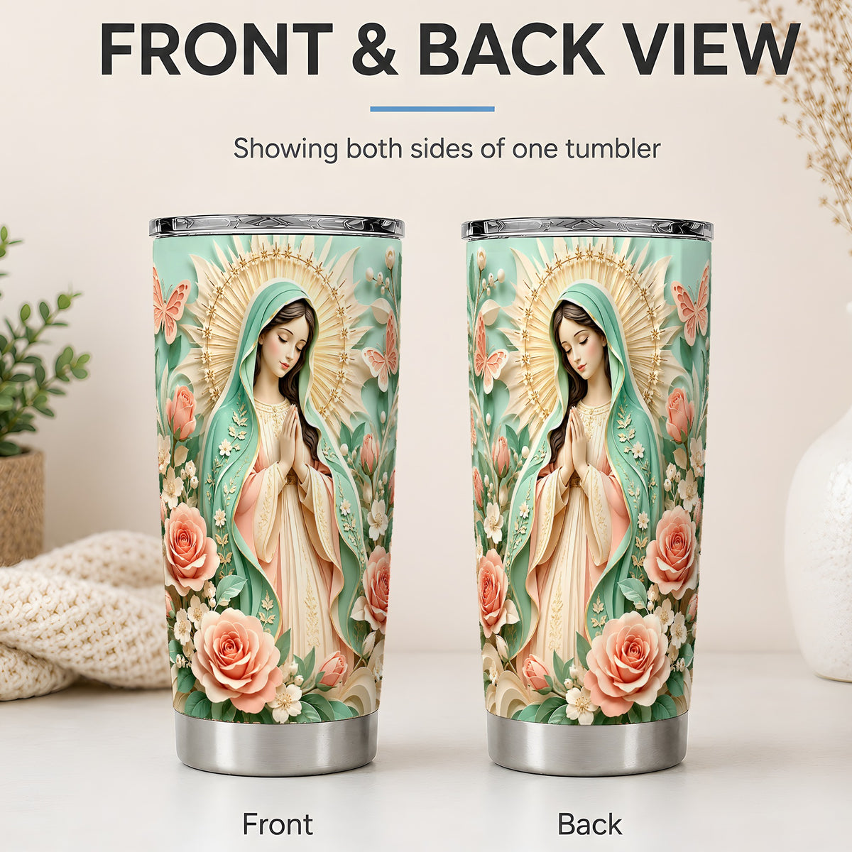 #pl[20oz|Steel] Virgin Mary Floral 20oz Tumbler with Roses and Butterfly Artwork