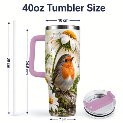 #pl[40oz|Pink] Robin Daisy 40oz Tumbler, Rainy Garden Bird Artwork for Daily Use