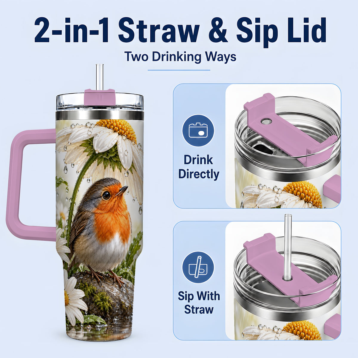 #pl[40oz|Pink] Robin Daisy 40oz Tumbler, Rainy Garden Bird Artwork for Daily Use