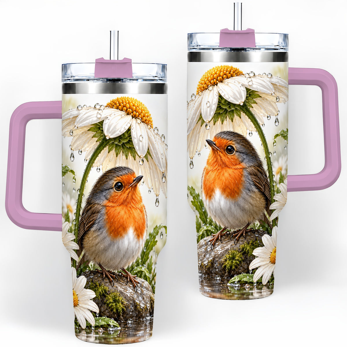 #pl[40oz|Pink] Robin Daisy 40oz Tumbler, Rainy Garden Bird Artwork for Daily Use