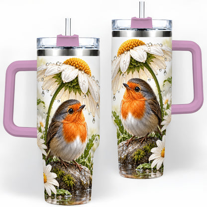 #pl[40oz|Pink] Robin Daisy 40oz Tumbler, Rainy Garden Bird Artwork for Daily Use