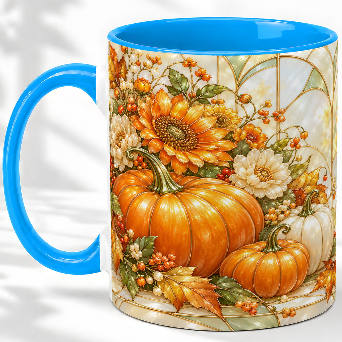#pl[11oz|Blue] Autumn Pumpkin Ceramic Mug, Sunflower and Fall Leaf Artwork