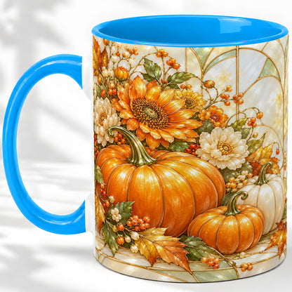 #pl[11oz|Blue] Autumn Pumpkin Ceramic Mug, Sunflower and Fall Leaf Artwork