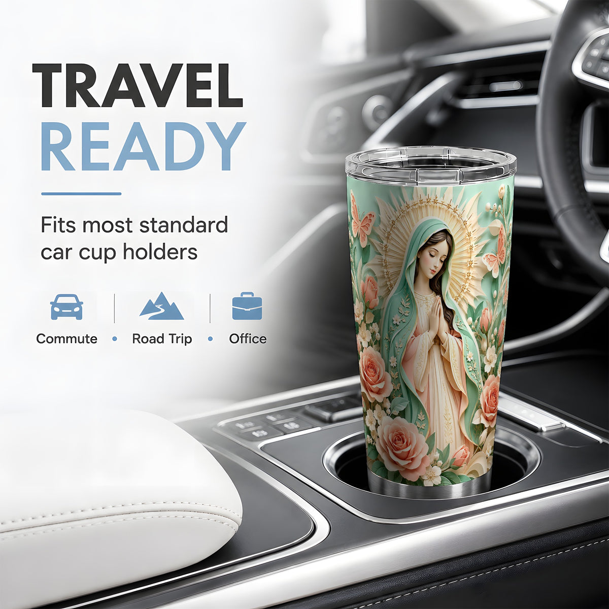 Virgin Mary Floral 20oz Tumbler with Roses and Butterfly Artwork