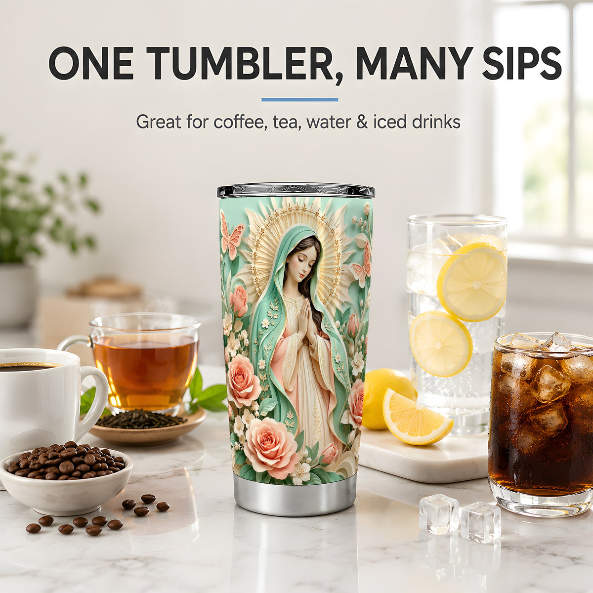 Virgin Mary Floral 20oz Tumbler with Roses and Butterfly Artwork