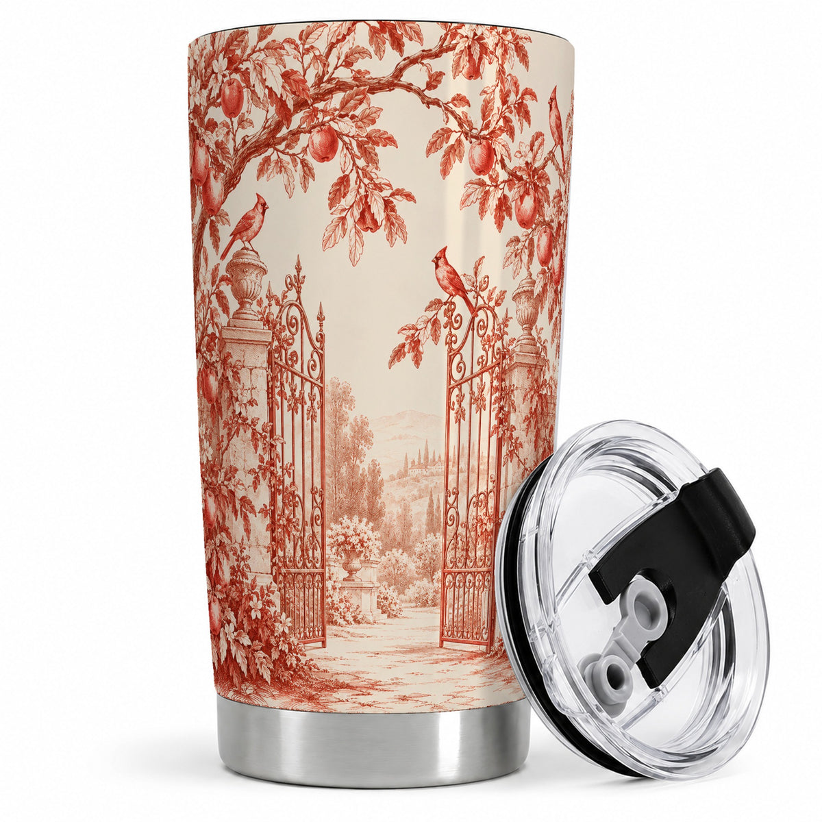 Red Toile Garden 20oz Tumbler with Cardinal and Apple Artwork