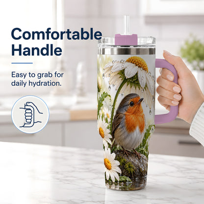 #pl[40oz|Pink] Robin Daisy 40oz Tumbler, Rainy Garden Bird Artwork for Daily Use