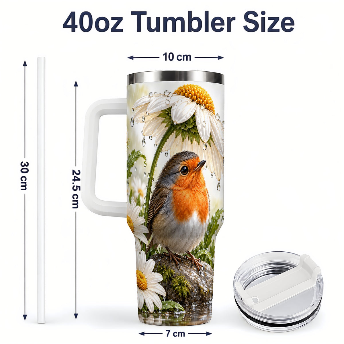 #pl[40oz|White] Robin Daisy 40oz Tumbler, Rainy Garden Bird Artwork for Daily Use
