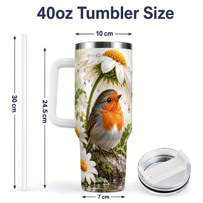 #pl[40oz|White] Robin Daisy 40oz Tumbler, Rainy Garden Bird Artwork for Daily Use
