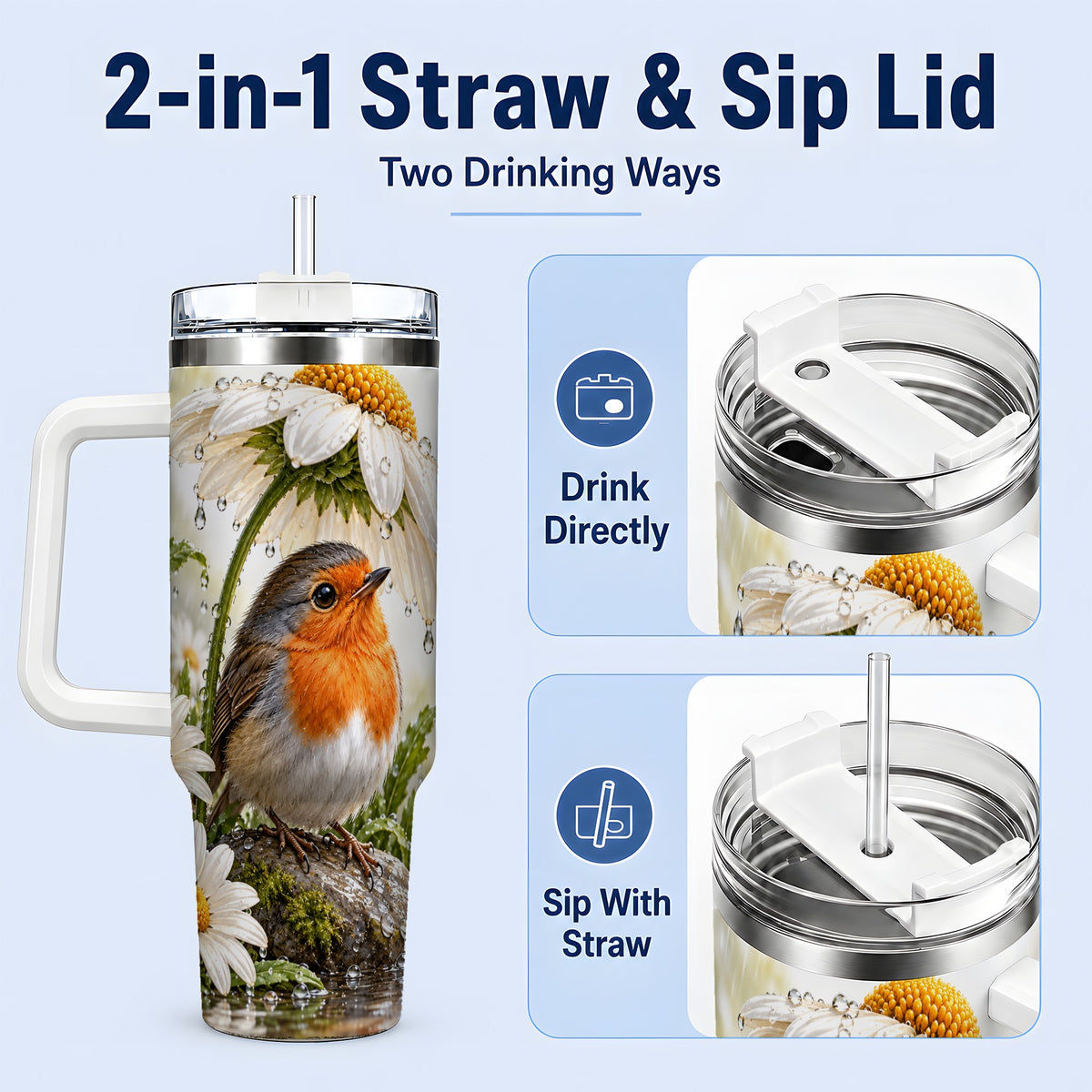#pl[40oz|White] Robin Daisy 40oz Tumbler, Rainy Garden Bird Artwork for Daily Use