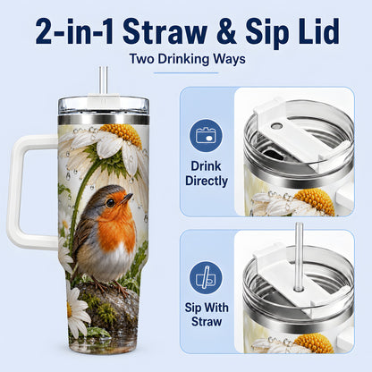 #pl[40oz|White] Robin Daisy 40oz Tumbler, Rainy Garden Bird Artwork for Daily Use