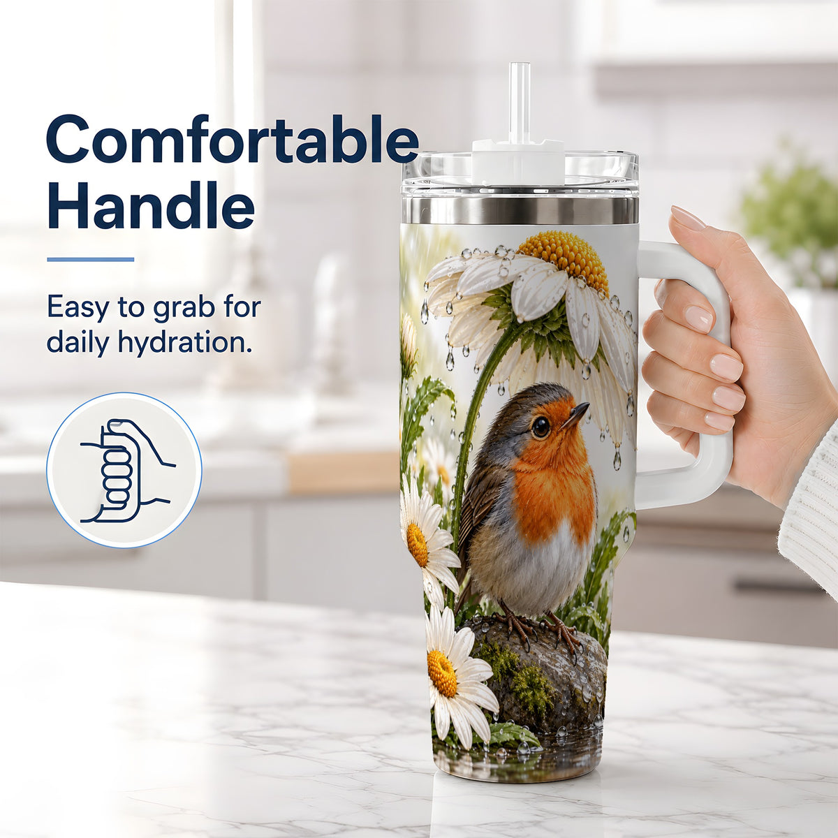 #pl[40oz|White] Robin Daisy 40oz Tumbler, Rainy Garden Bird Artwork for Daily Use