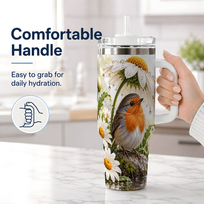#pl[40oz|White] Robin Daisy 40oz Tumbler, Rainy Garden Bird Artwork for Daily Use