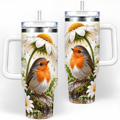 Robin Daisy 40oz Tumbler, Rainy Garden Bird Artwork for Daily Use