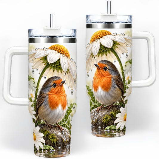 Robin Daisy 40oz Tumbler, Rainy Garden Bird Artwork for Daily Use