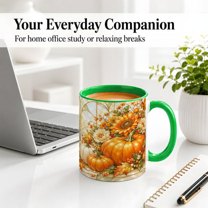 #pl[11oz|Green] Autumn Pumpkin Ceramic Mug, Sunflower and Fall Leaf Artwork