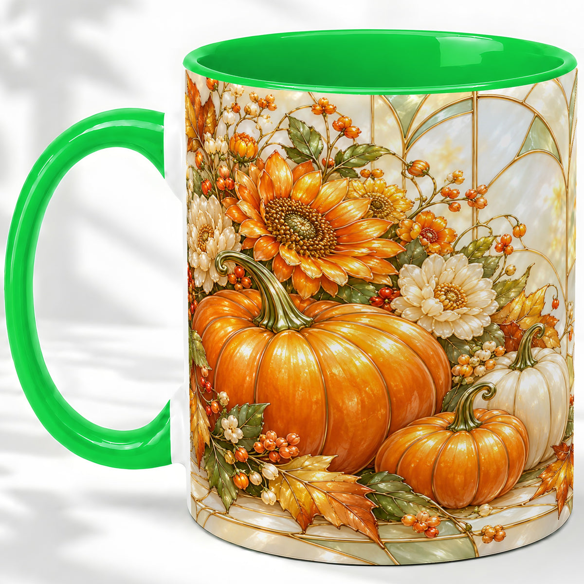 #pl[11oz|Green] Autumn Pumpkin Ceramic Mug, Sunflower and Fall Leaf Artwork