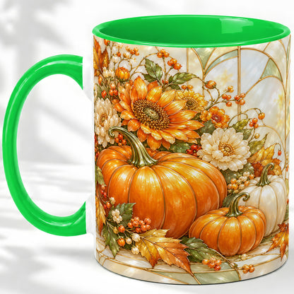 #pl[11oz|Green] Autumn Pumpkin Ceramic Mug, Sunflower and Fall Leaf Artwork