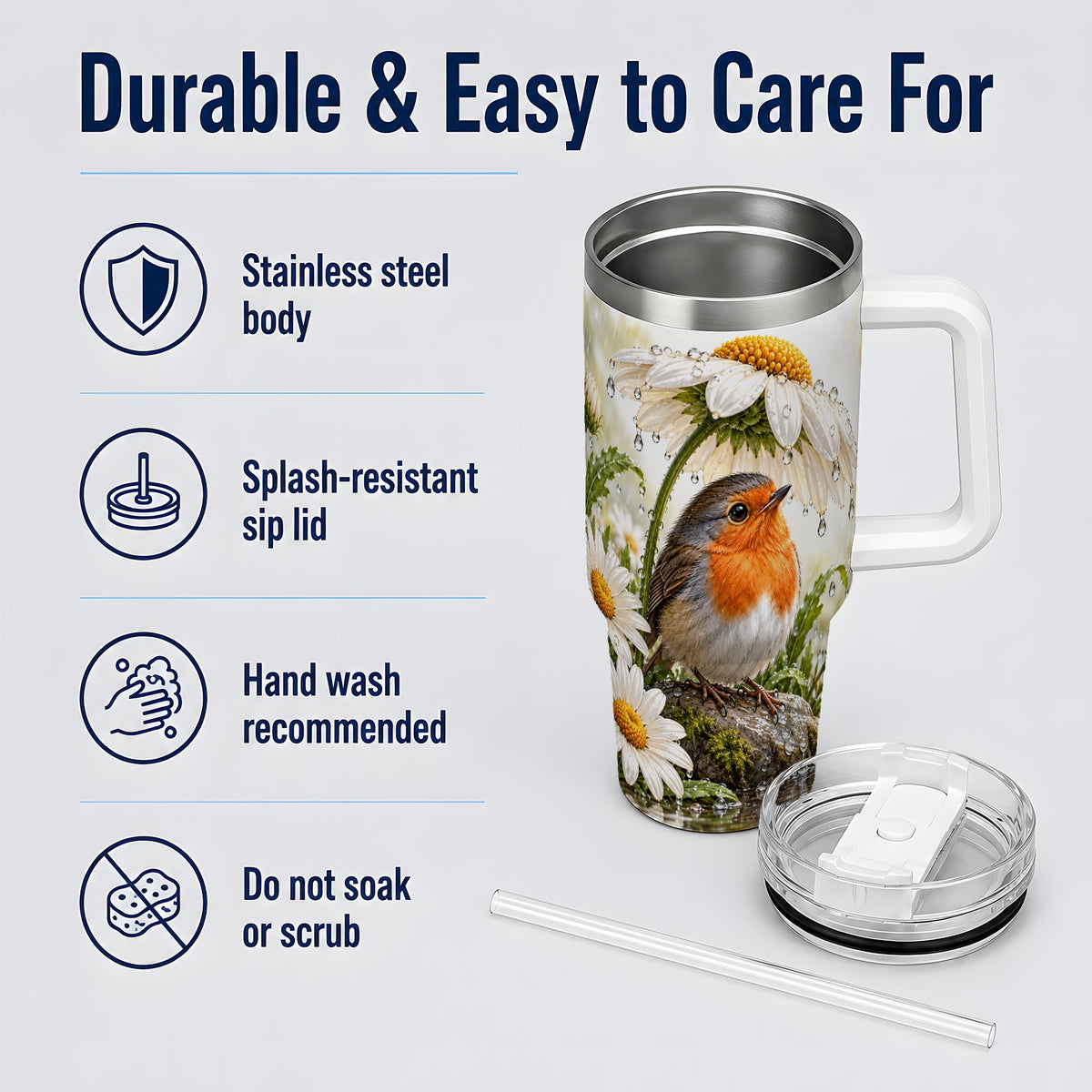Robin Daisy 40oz Tumbler, Rainy Garden Bird Artwork for Daily Use