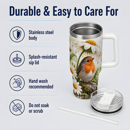 Robin Daisy 40oz Tumbler, Rainy Garden Bird Artwork for Daily Use