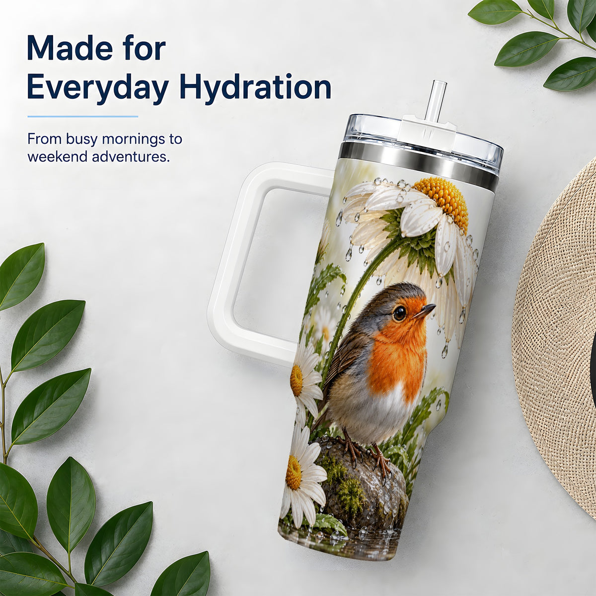 Robin Daisy 40oz Tumbler, Rainy Garden Bird Artwork for Daily Use