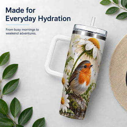 Robin Daisy 40oz Tumbler, Rainy Garden Bird Artwork for Daily Use