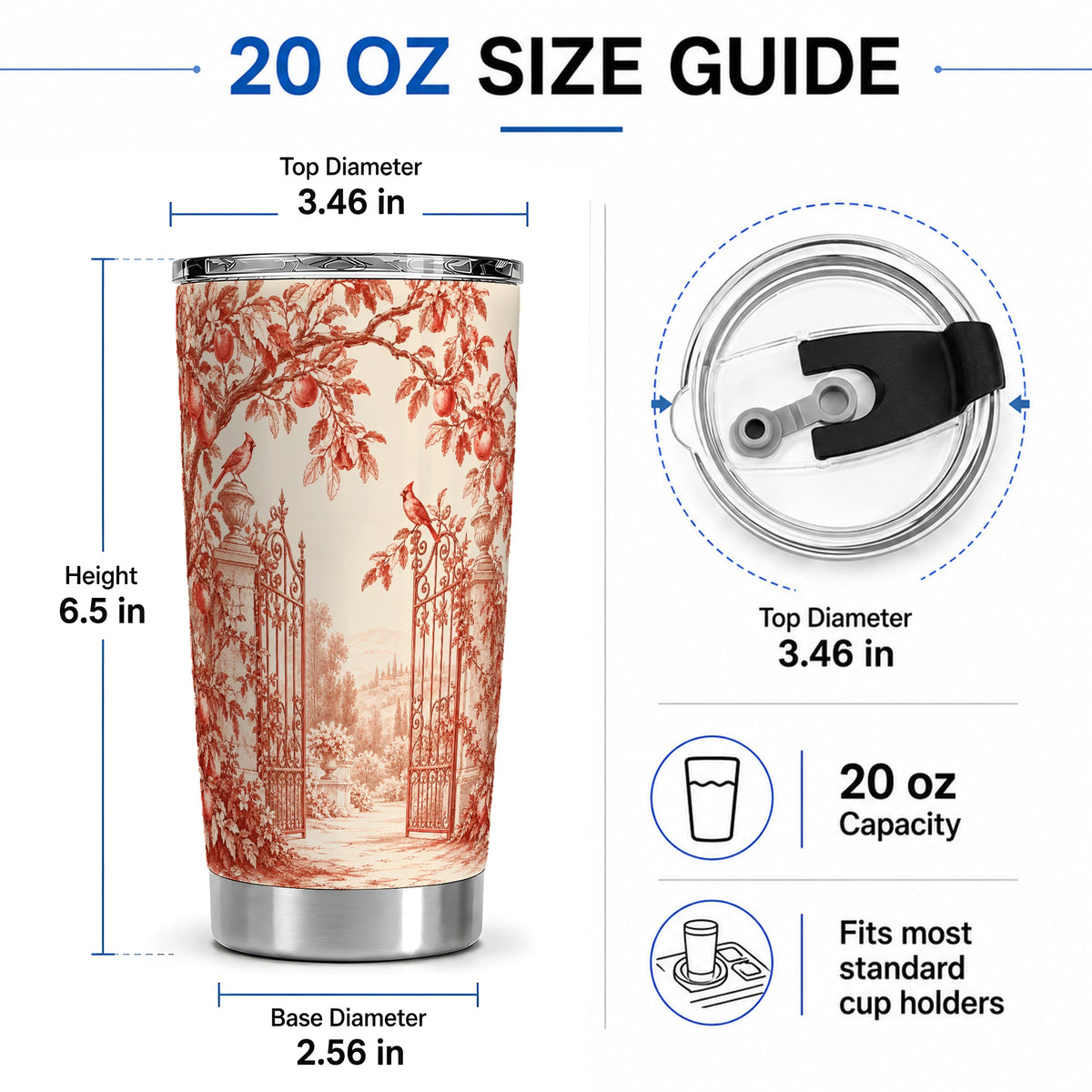 #pl[20oz|Steel] Red Toile Garden 20oz Tumbler with Cardinal and Apple Artwork