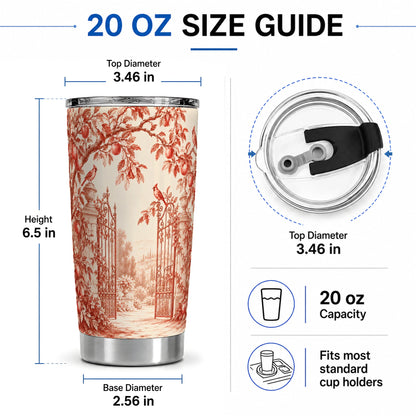 #pl[20oz|Steel] Red Toile Garden 20oz Tumbler with Cardinal and Apple Artwork
