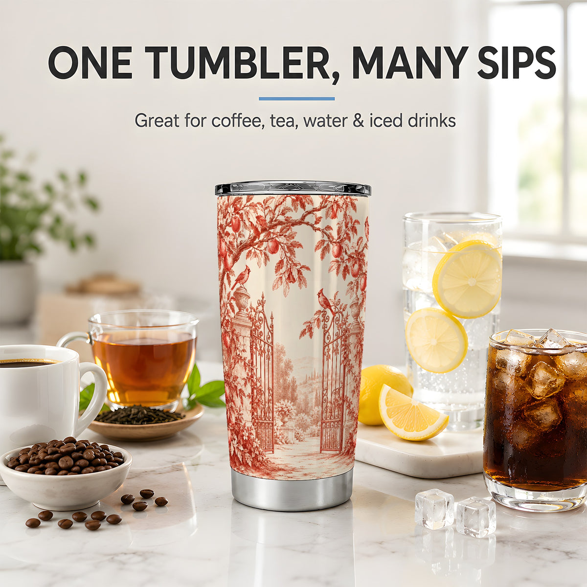 Red Toile Garden 20oz Tumbler with Cardinal and Apple Artwork
