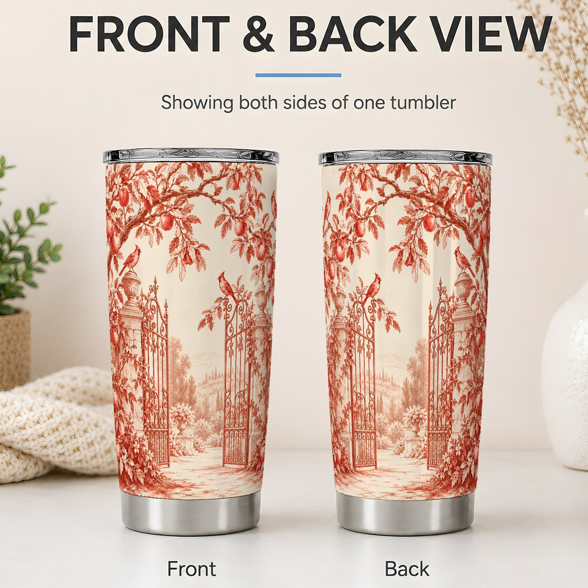 #pl[20oz|Steel] Red Toile Garden 20oz Tumbler with Cardinal and Apple Artwork