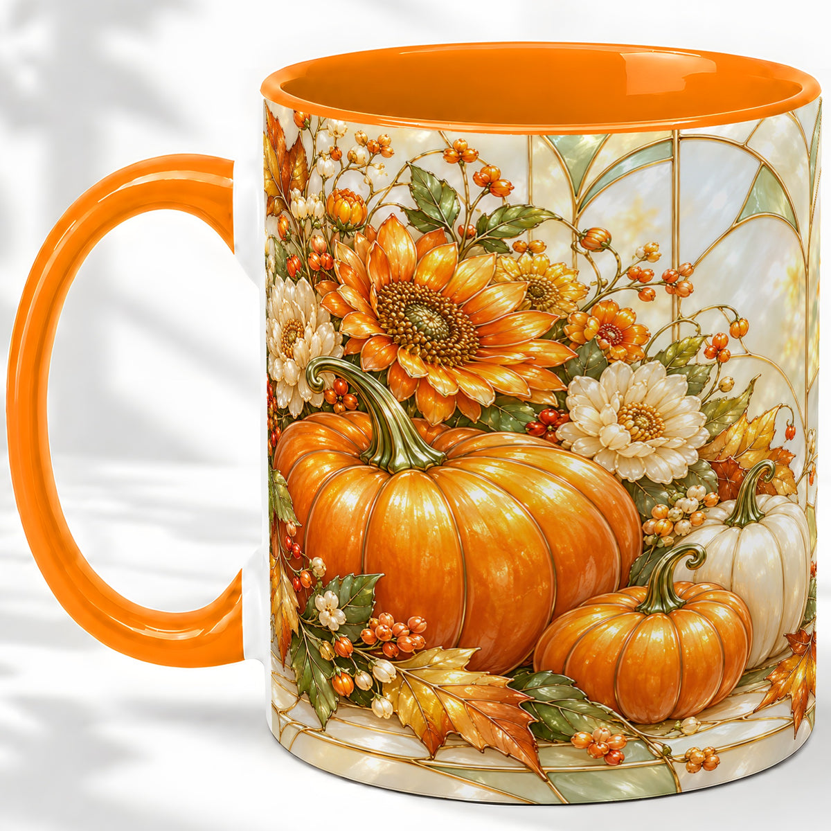 #pl[11oz|Orange] Autumn Pumpkin Ceramic Mug, Sunflower and Fall Leaf Artwork