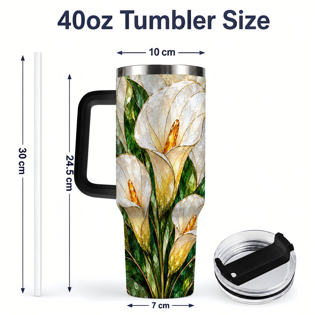 #pl[40oz|Black] Calla Lily Floral 40oz Tumbler, Stained Glass Style Botanical Artwork