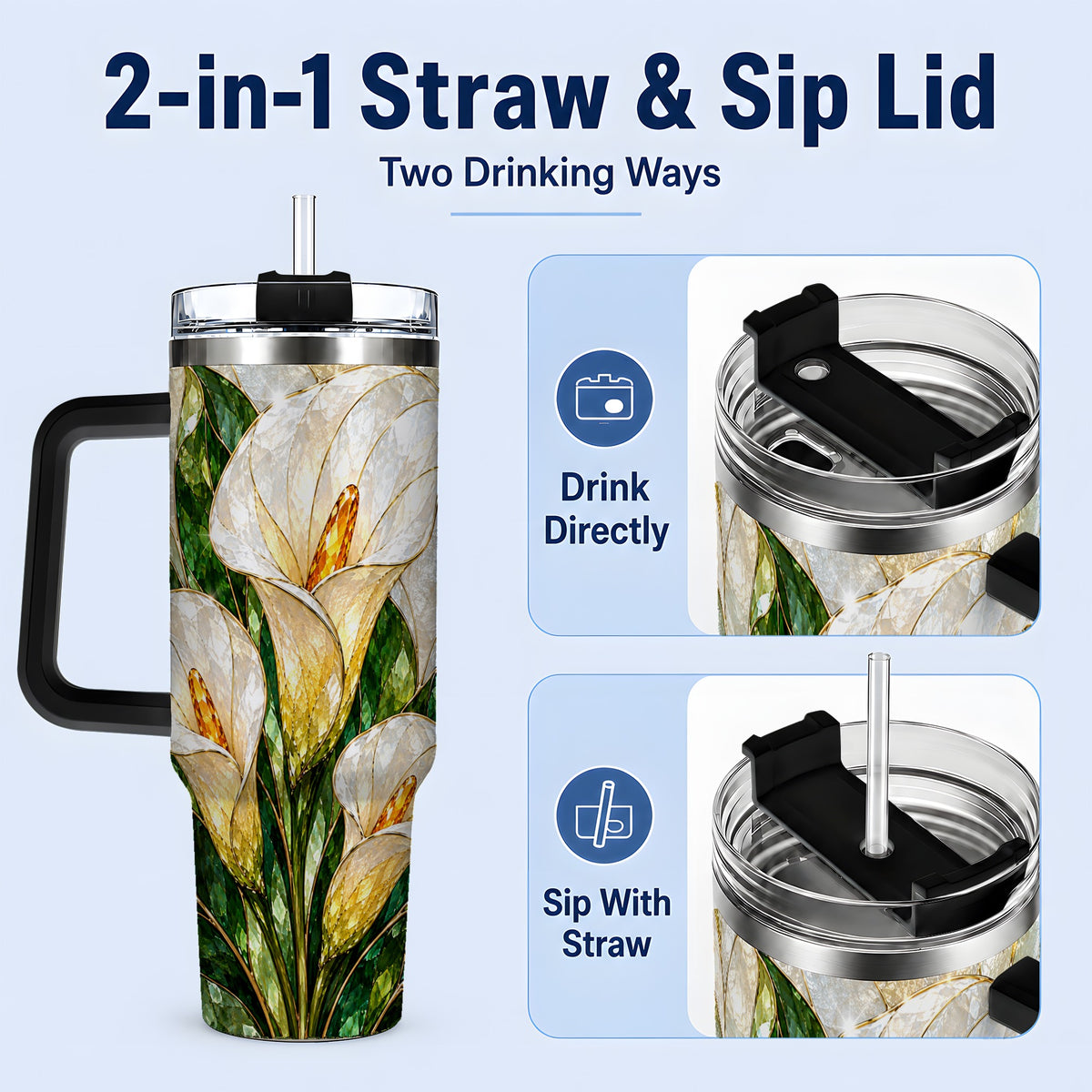#pl[40oz|Black] Calla Lily Floral 40oz Tumbler, Stained Glass Style Botanical Artwork