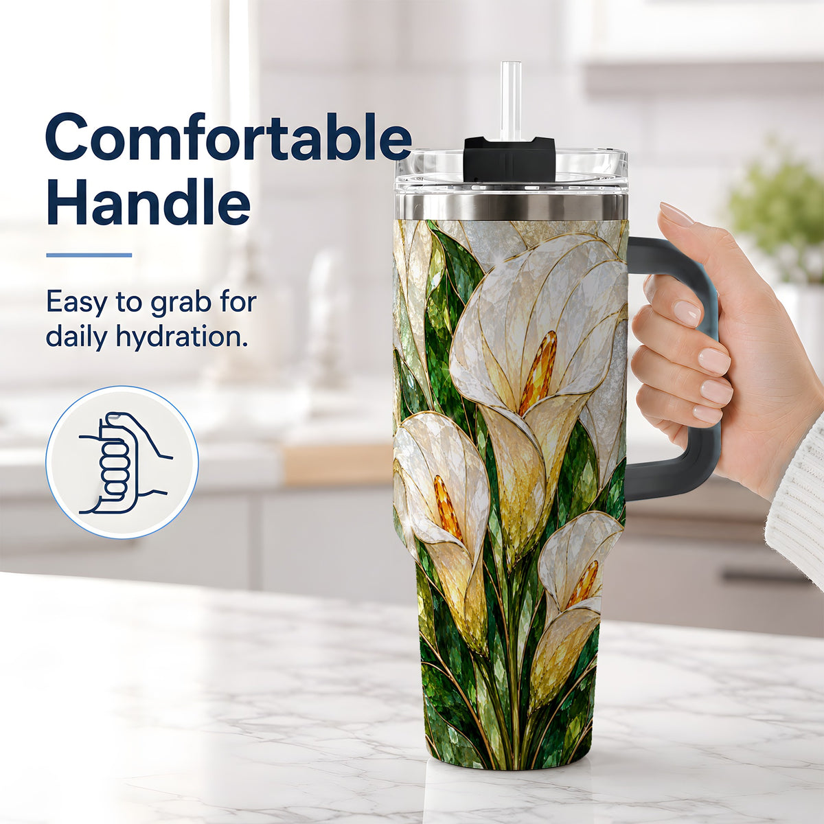 #pl[40oz|Black] Calla Lily Floral 40oz Tumbler, Stained Glass Style Botanical Artwork